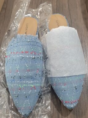 Lucky Brand Light Blue Denim Embroidered Pointed Slide Mules